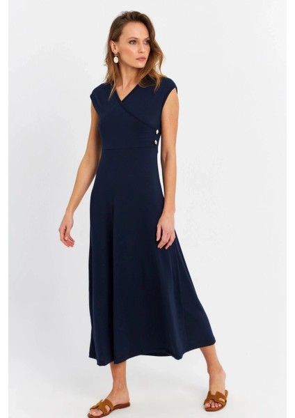 Kadın Lacivert Düğme Detaylı Kruvaze Midi Elbise EY0011