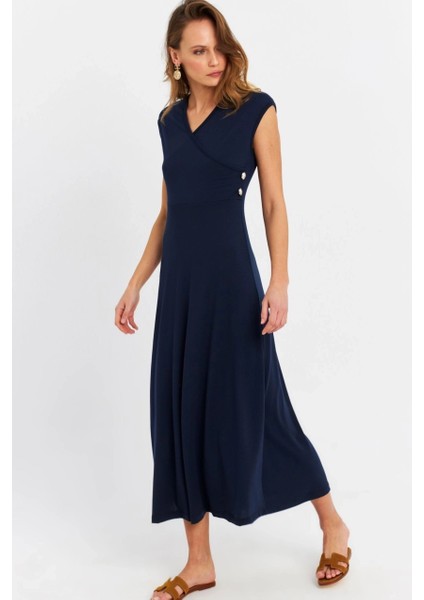 Kadın Lacivert Düğme Detaylı Kruvaze Midi Elbise EY0011 fiyatları