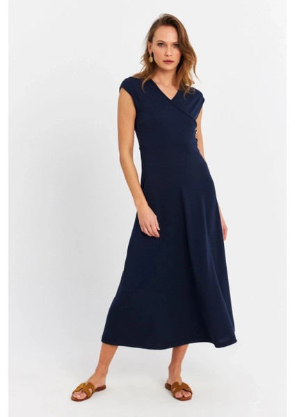 Kadın Lacivert Düğme Detaylı Kruvaze Midi Elbise EY0011 modelleri