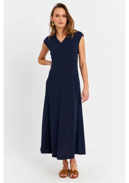 Kadın Lacivert Düğme Detaylı Kruvaze Midi Elbise EY0011 fırsatları