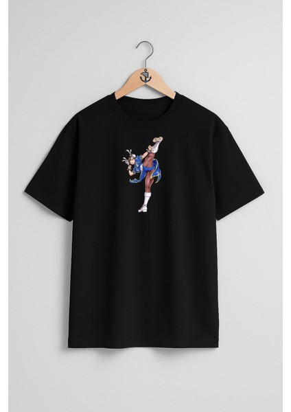 Oversize Chun-Li Cammy Street Fighter Göğüs Tasarımlı Unisex T-Shirt