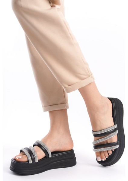 Elıse Düz Topuklu Şeritli Taşlı Kalın ve Ortopedik Taban Kadın Terlik St Siyah indirimleri