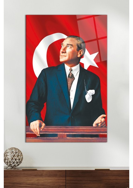 Atatürklü Türk Bayrağı Cam Tablo, Modern Ev Ofis Dekoru, Hediyelik Duvar Dekorasyonu, Kırılmaz Cam