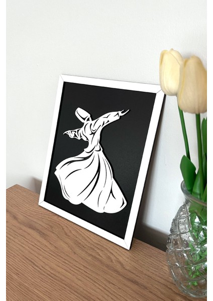 Modern Beyaz Çerçeveli Ahşap Semazen (Mevlana) Tablosu – 25X20 cm modelleri