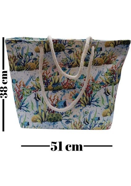 Kadın Plaj Çantası Fermuarlı Içi Astarlı Cepli Akvaryum Desenli Yumuşak Halat Saplı