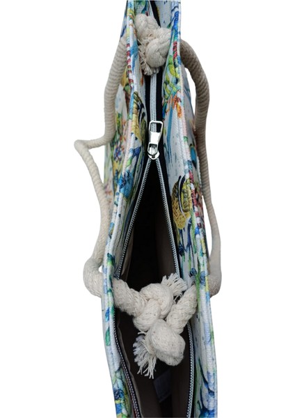 Kadın Plaj Çantası Fermuarlı Içi Astarlı Cepli Akvaryum Desenli Yumuşak Halat Saplı