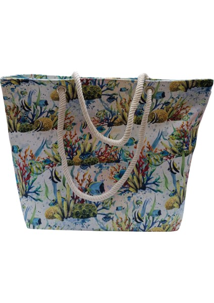 Kadın Plaj Çantası Fermuarlı Içi Astarlı Cepli Akvaryum Desenli Yumuşak Halat Saplı