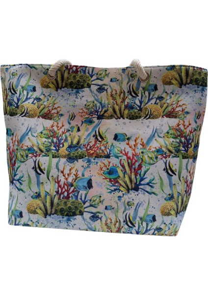Kadın Plaj Çantası Fermuarlı Içi Astarlı Cepli Akvaryum Desenli Yumuşak Halat Saplı