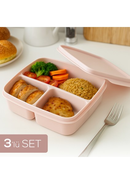 3'lü Set Bölmeli Kare Saklama Kabı Pembe