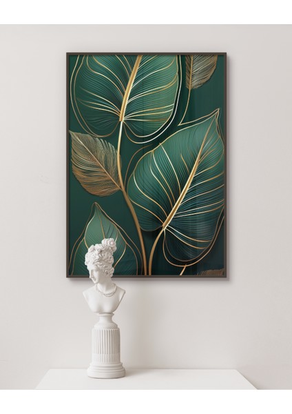 Metal Çerçeveli Gerçek Camlı Tablo , Dijital Baskı , Soyut Tablo , Yeşil Yaprak , Salon Ofis Dekorasyon