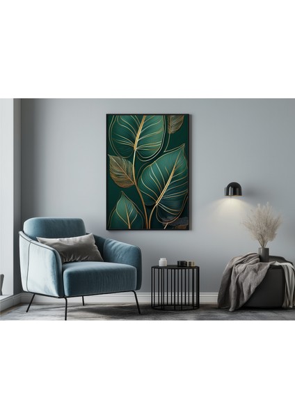 Metal Çerçeveli Gerçek Camlı Tablo , Dijital Baskı , Soyut Tablo , Yeşil Yaprak , Salon Ofis Dekorasyon indirimleri