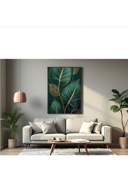 Metal Çerçeveli Gerçek Camlı Tablo , Dijital Baskı , Soyut Tablo , Yeşil Yaprak , Salon Ofis Dekorasyon