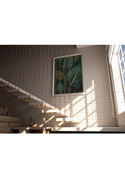 Metal Çerçeveli Gerçek Camlı Tablo , Dijital Baskı , Soyut Tablo , Yeşil Yaprak , Salon Ofis Dekorasyon