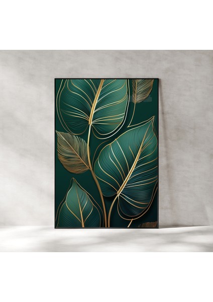 Metal Çerçeveli Gerçek Camlı Tablo , Dijital Baskı , Soyut Tablo , Yeşil Yaprak , Salon Ofis Dekorasyon