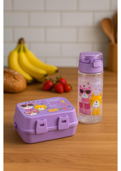 Iki Katlı Beslenme Kutusu ve Pipetli Matara, 500 Cc, Mor, Pratik ve Şık Set