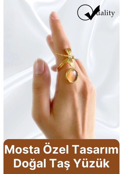 Özel Üretim Altın Pirinç Kaplama Vintage Görünümlü Şık Tasarımlı Ayarlanabilir Doğal Taş Kadın Yüzük