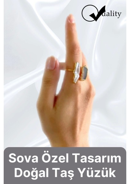 Özel Üretim Altın Pirinç Kaplama Vintage Görünümlü Şık Tasarımlı Ayarlanabilir Doğal Taş Kadın Yüzük