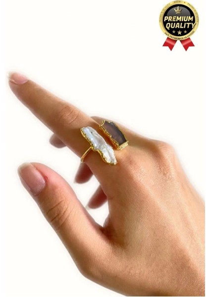 Özel Üretim Altın Pirinç Kaplama Vintage Görünümlü Şık Tasarımlı Ayarlanabilir Doğal Taş Kadın Yüzük fırsatları