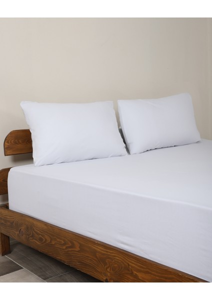 Fitted Pamuklu Kumaş Yatak Çarşaf ve Yastık Kılıf Takımı-Lastikli-Solmaya Dayanıklı-Beyaz