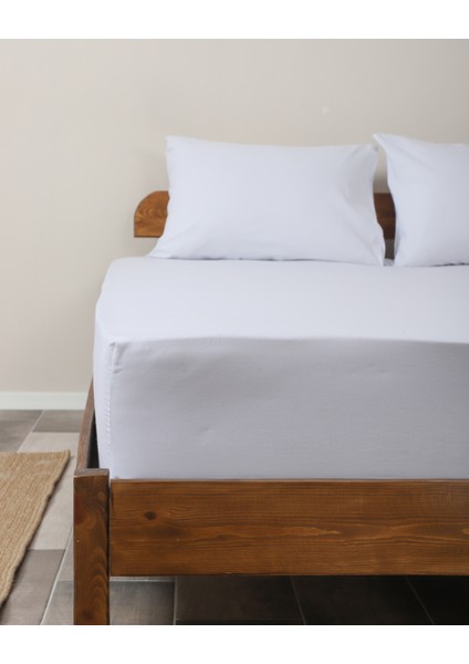 Fitted Pamuklu Kumaş Yatak Çarşaf ve Yastık Kılıf Takımı-Lastikli-Solmaya Dayanıklı-Beyaz