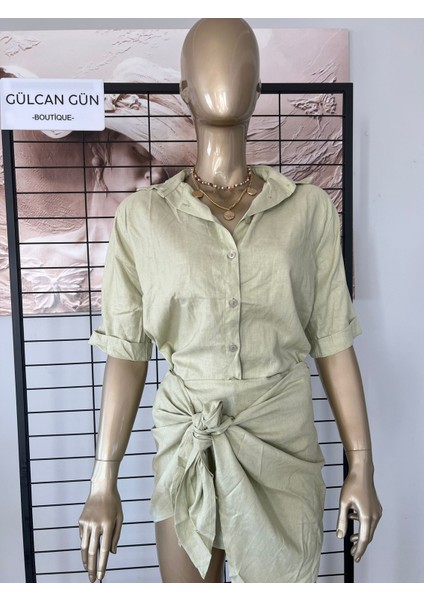 Yeşil Keten Gömlek Etekli Takım fiyatları