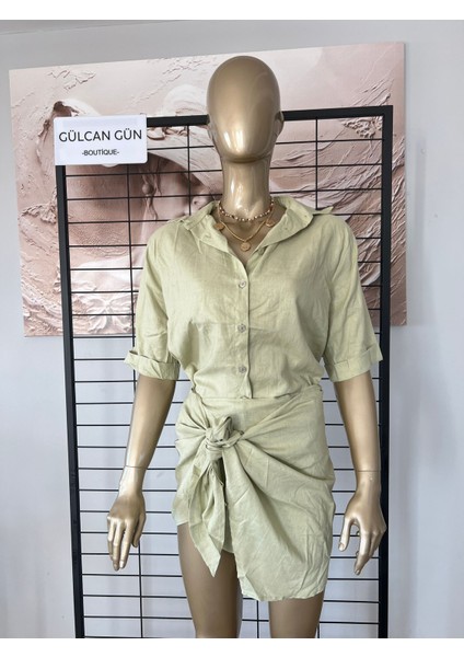 Yeşil Keten Gömlek Etekli Takım