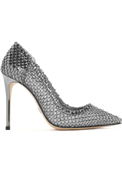 Kadın Gümüş Taşlı Yüksek Ince Topuklu Deri Stiletto 25AFD1206TS