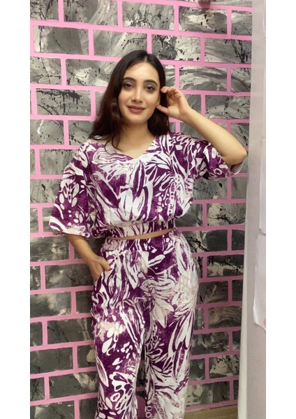 Ikili Yazlık Desenli Mor Viskon Takım