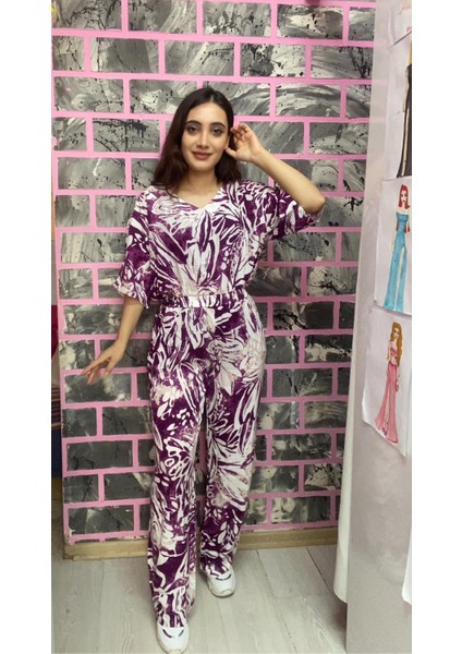 Ikili Yazlık Desenli Mor Viskon Takım fırsatları