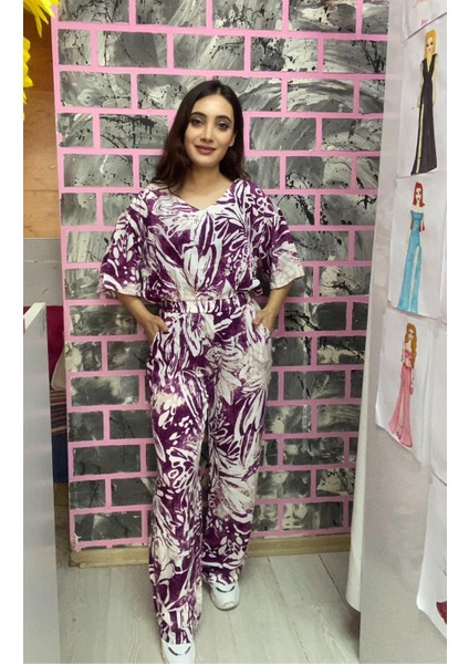 Ikili Yazlık Desenli Mor Viskon Takım indirimleri