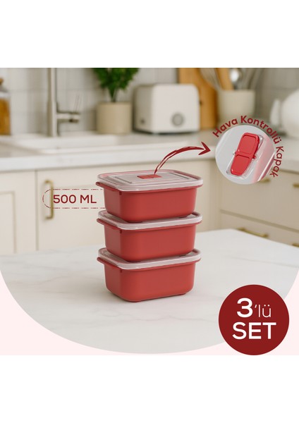 Kapaklı 3’lü Mikrodalgaya Uygun Dikdörtgen Saklama Kabı Seti - 500 ml