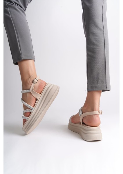 Rıley Ince Tokalı Taşlı Şeritli Ortopedik Taban Kadın Sandalet Ckt - Krem modelleri