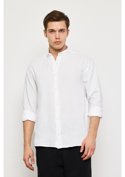 Yüz Pamuk Oversize Muslin Keten Uzun Kollu Gömlek