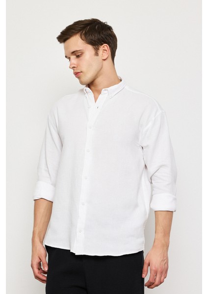 Yüz Pamuk Oversize Muslin Keten Uzun Kollu Gömlek