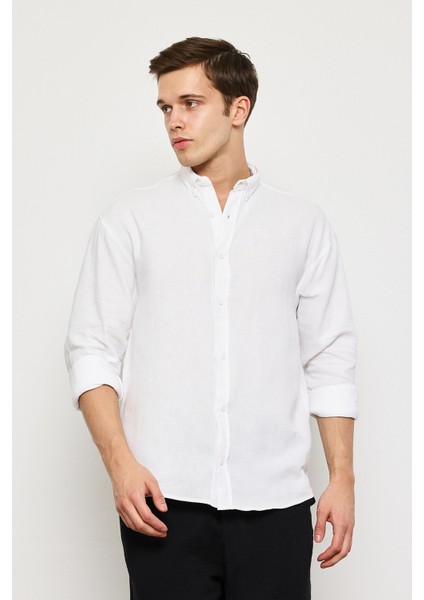 Yüz Pamuk Oversize Muslin Keten Uzun Kollu Gömlek