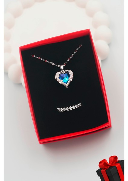 Kadın Paslanmaz Çelik Gümüş Okyanus Kolye ve Yüzük Set (Kutulu)