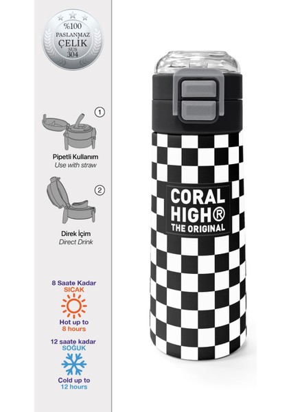 Kids Siyah Beyaz Dama Desenli Pipetli ve Direkt Içim Çelik Termos 500 ml 31877