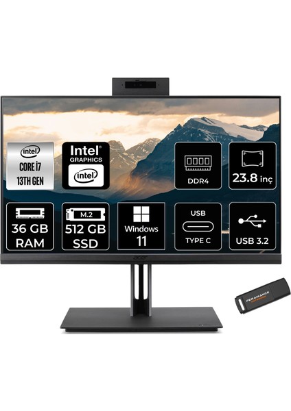 Veriton 4000 Intel Core I7 13700 36GB 512GB SSD 23.8" Fhd W11H All In One Bilgisayar & Per4 Bellek DQR03EM00GP382