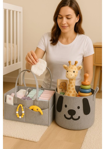 Keçe Oyuncak Sepeti ve Bebek Organizer Bakım Çantası Seti – Geniş Hacimli 2’li Keçe Düzenleyici