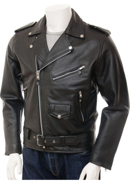 Hakiki Deri Siyah Biker Fermuarlı Erkek Deri Ceket
