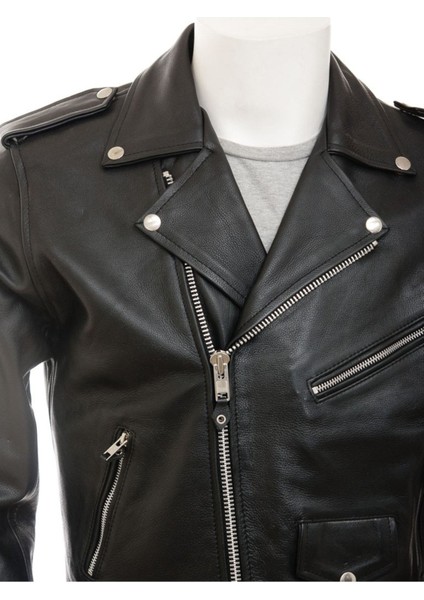 Hakiki Deri Siyah Biker Fermuarlı Erkek Deri Ceket fiyatları