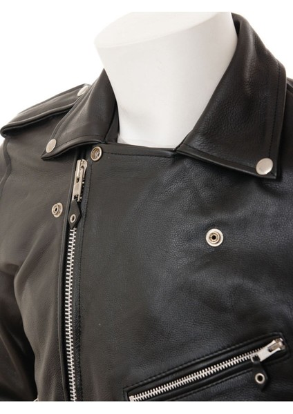 Hakiki Deri Siyah Biker Fermuarlı Erkek Deri Ceket modelleri
