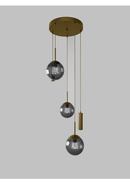 Vienna Modern Eskitme Metal Gövdeli 5'li Sarkıt Avize - 3 Füme Cam Küre 2 LED Spot, E27 DUY-G10 Duy modelleri