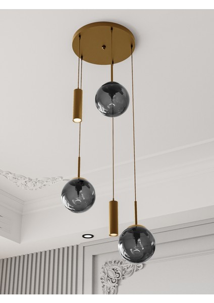 Vienna Modern Eskitme Metal Gövdeli 5'li Sarkıt Avize - 3 Füme Cam Küre 2 LED Spot, E27 DUY-G10 Duy indirimleri