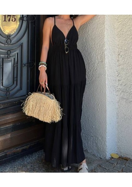 Askılı Dökümlü Şık Midi Elbise Günlük Keten