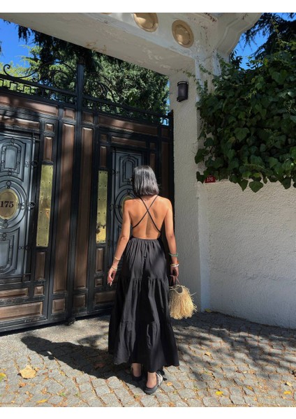 Askılı Dökümlü Şık Midi Elbise Günlük Keten modelleri