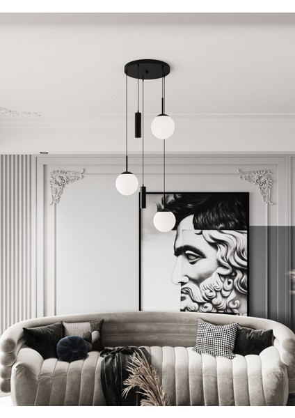 Vienna Modern Siyah Metal Gövdeli 5'li Sarkıt Avize - 3 Beyaz Cam Küre 2 LED Spot, E27 DUY-G10 Duy