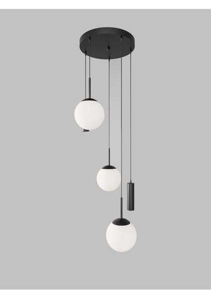 Vienna Modern Siyah Metal Gövdeli 5'li Sarkıt Avize - 3 Beyaz Cam Küre 2 LED Spot, E27 DUY-G10 Duy modelleri