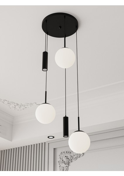Vienna Modern Siyah Metal Gövdeli 5'li Sarkıt Avize - 3 Beyaz Cam Küre 2 LED Spot, E27 DUY-G10 Duy indirimleri