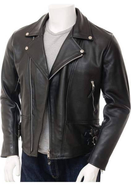 Hakiki Deri Siyah Biker Kemerli Erkek Deri Ceket